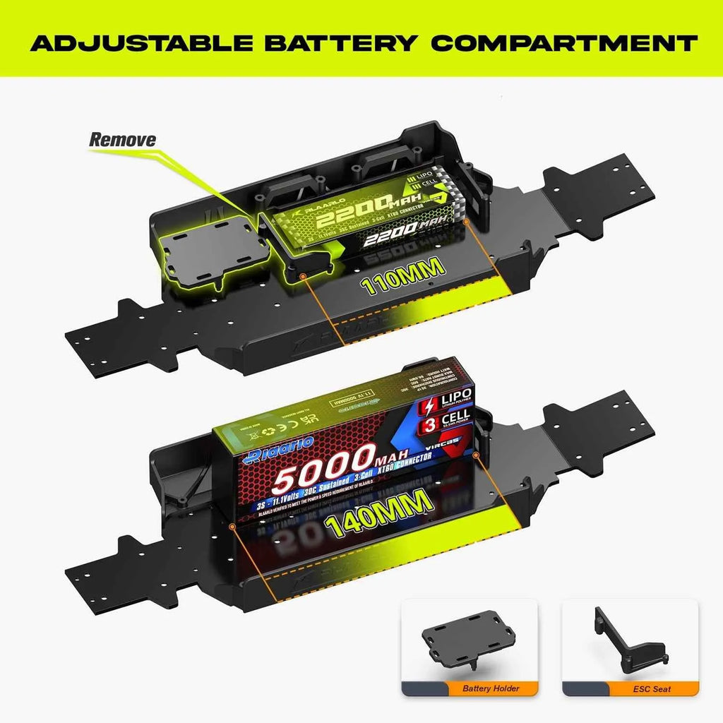 Adjustable battery compartment with batteries and labels on a white background