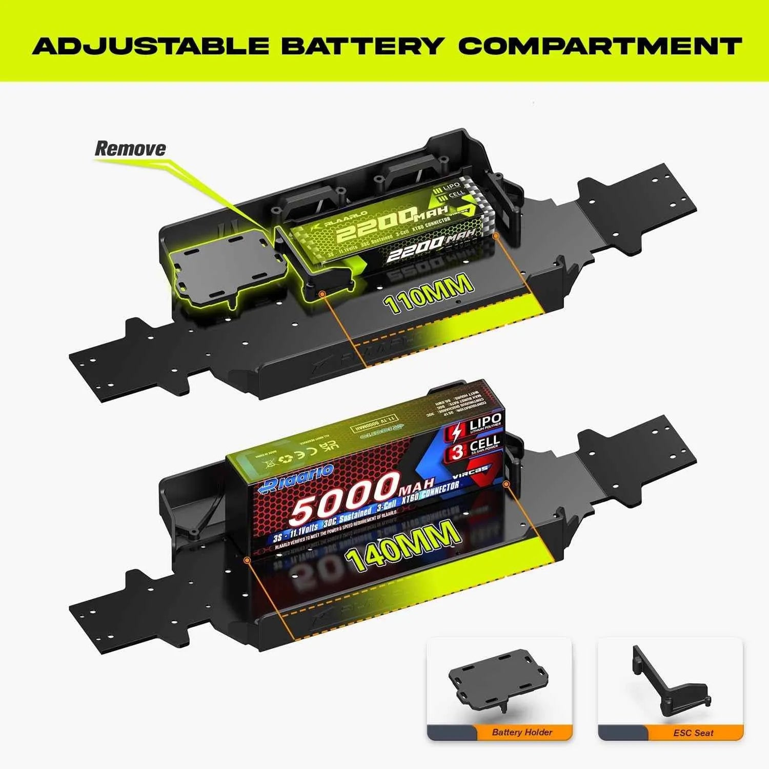 Adjustable battery compartment with batteries and labels on a white background
