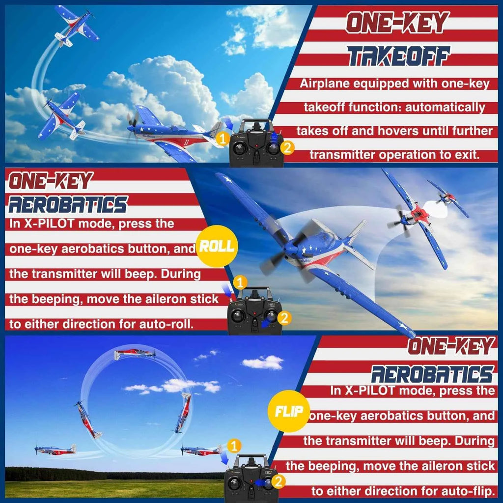 Advertisement for a RC plane with one-key takeoff and aerobatics features against a blue sky background.