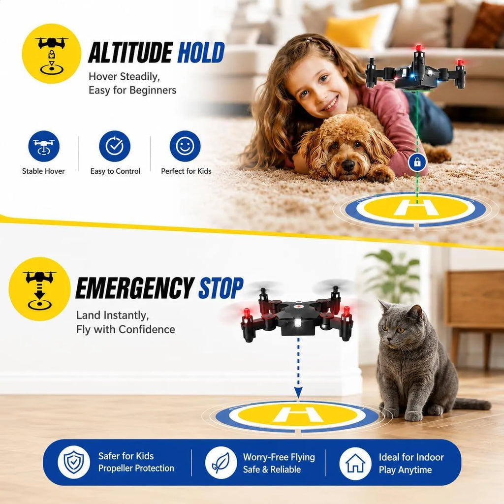 Advertisement for an RC drone with features like altitude hold and emergency stop, shown with a child and dog indoors.
