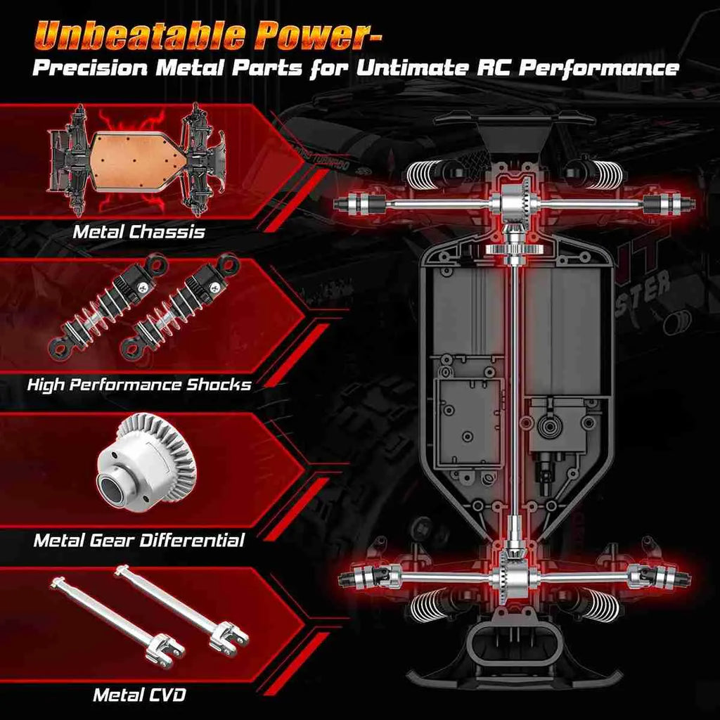 Advertisement for RC (remote control) parts with metal chassis, shocks, differential, and CVD on a dark background.