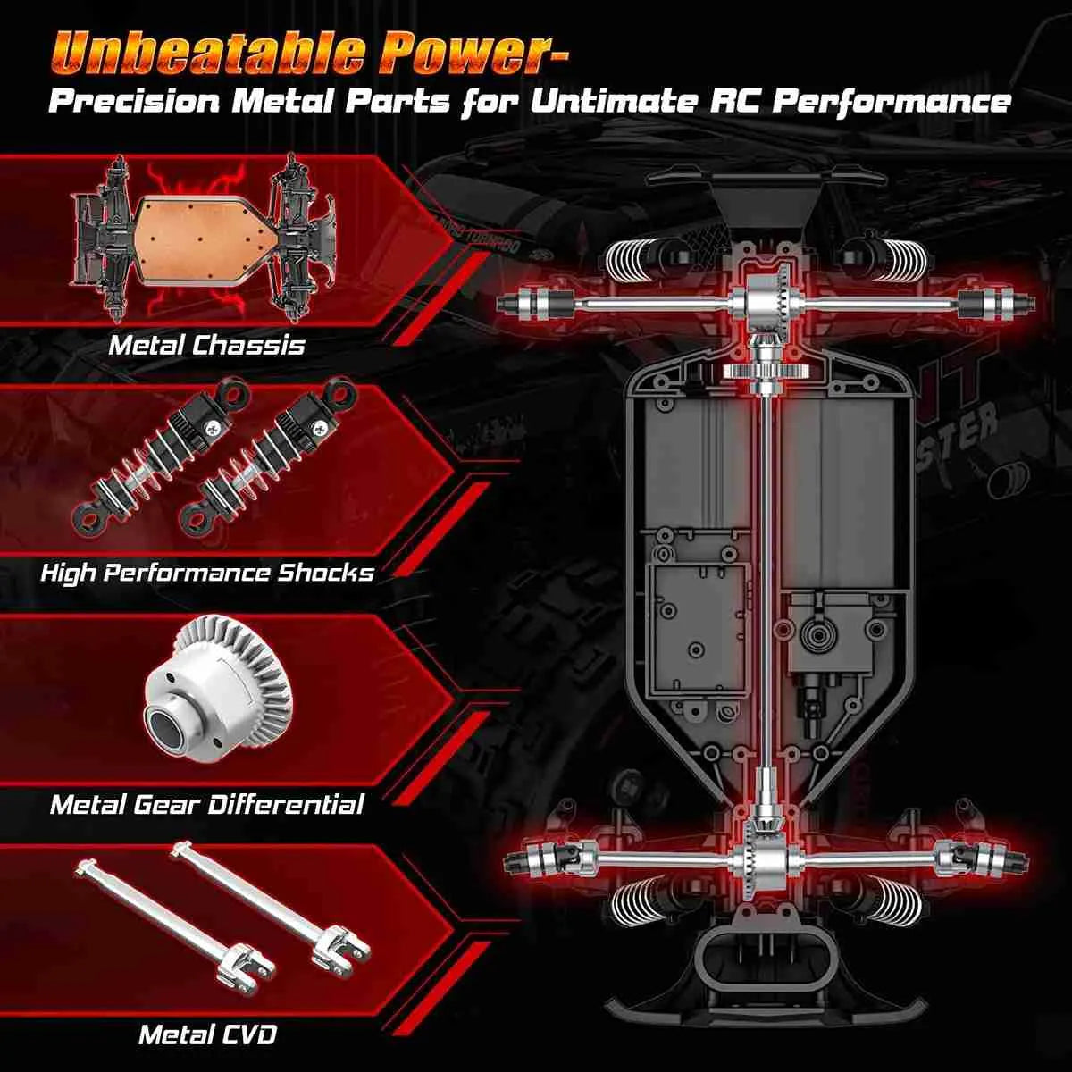 Advertisement for RC (remote control) parts with metal chassis, shocks, differential, and CVD on a dark background.