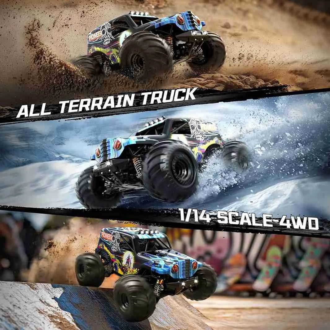 All terrain truck in action on different terrains with text indicating scale and features.