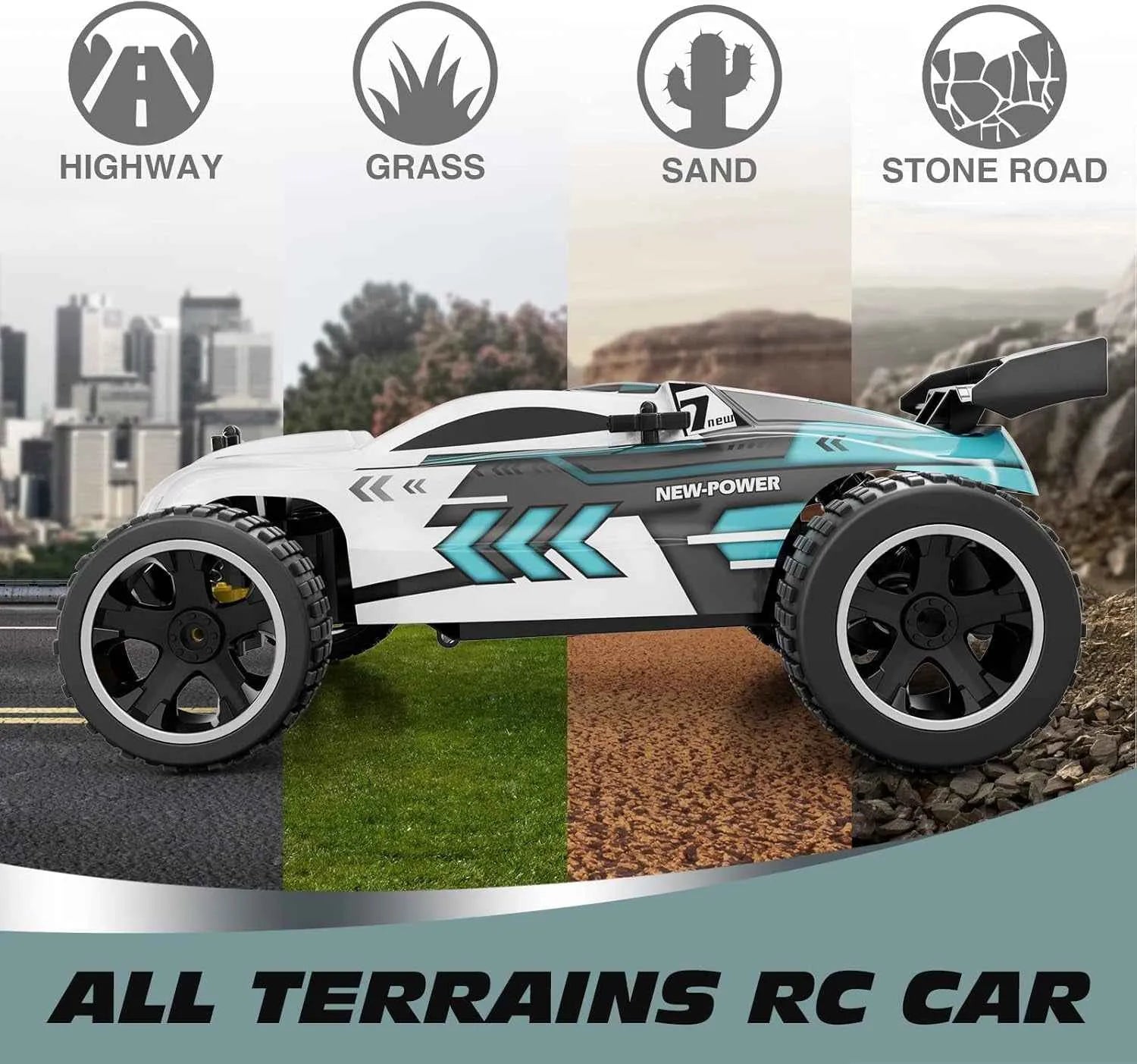 All terrains RC buggy with different road types on a gray background