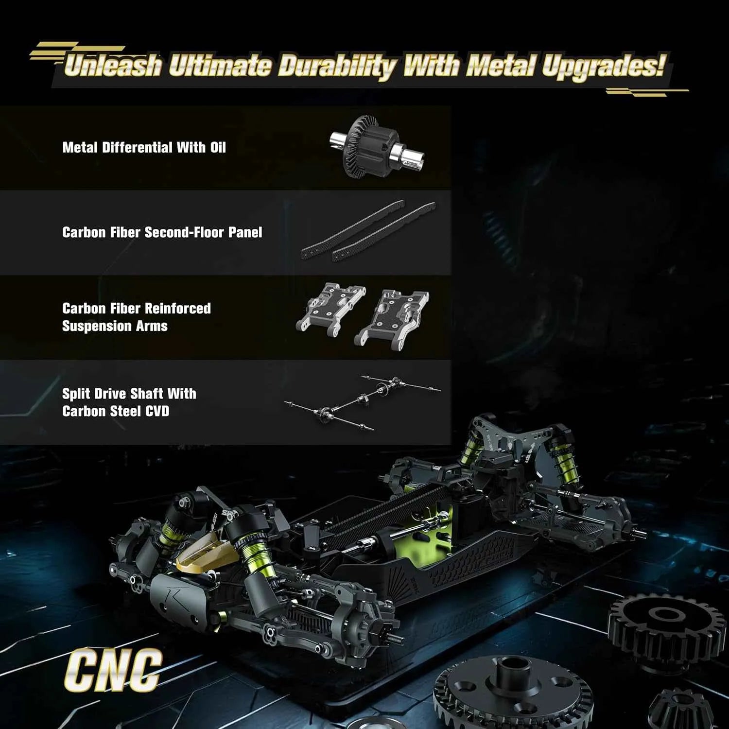 Automotive parts with text highlighting metal upgrades on a dark background