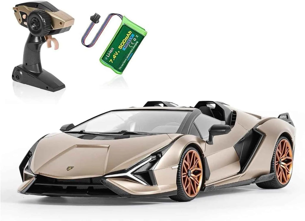 Beige and black RC sports car model with remote control and battery on a white background