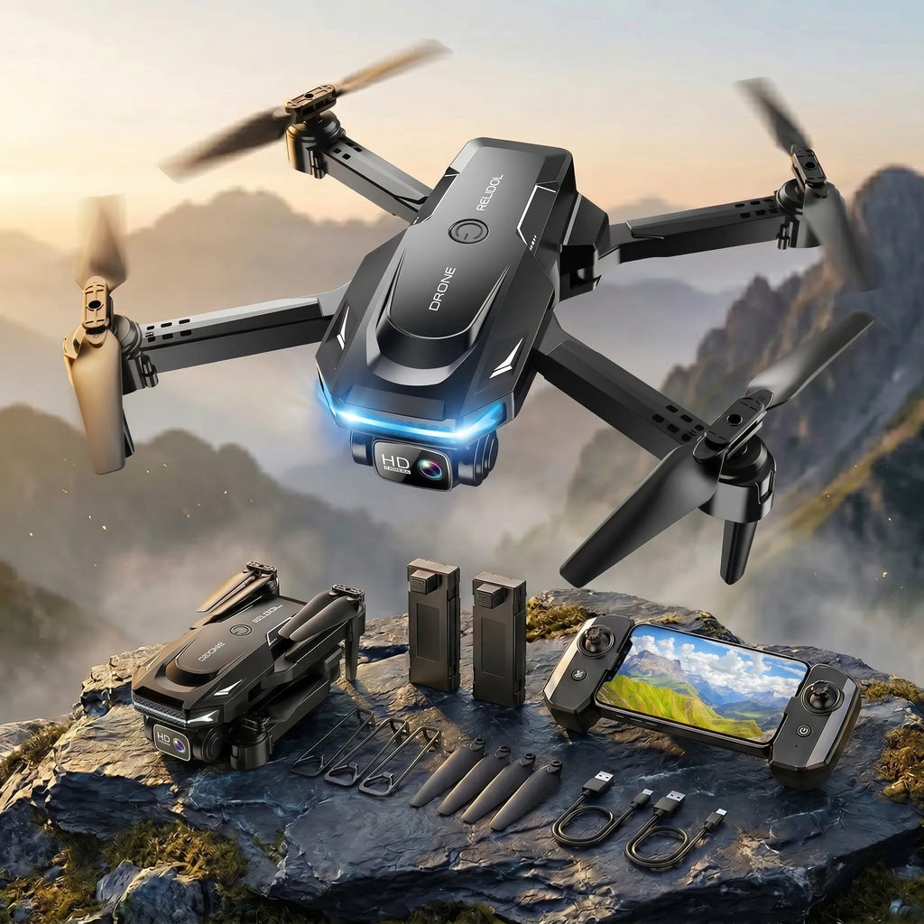 Black-blue RC Drone with accessories on a mountainous landscape