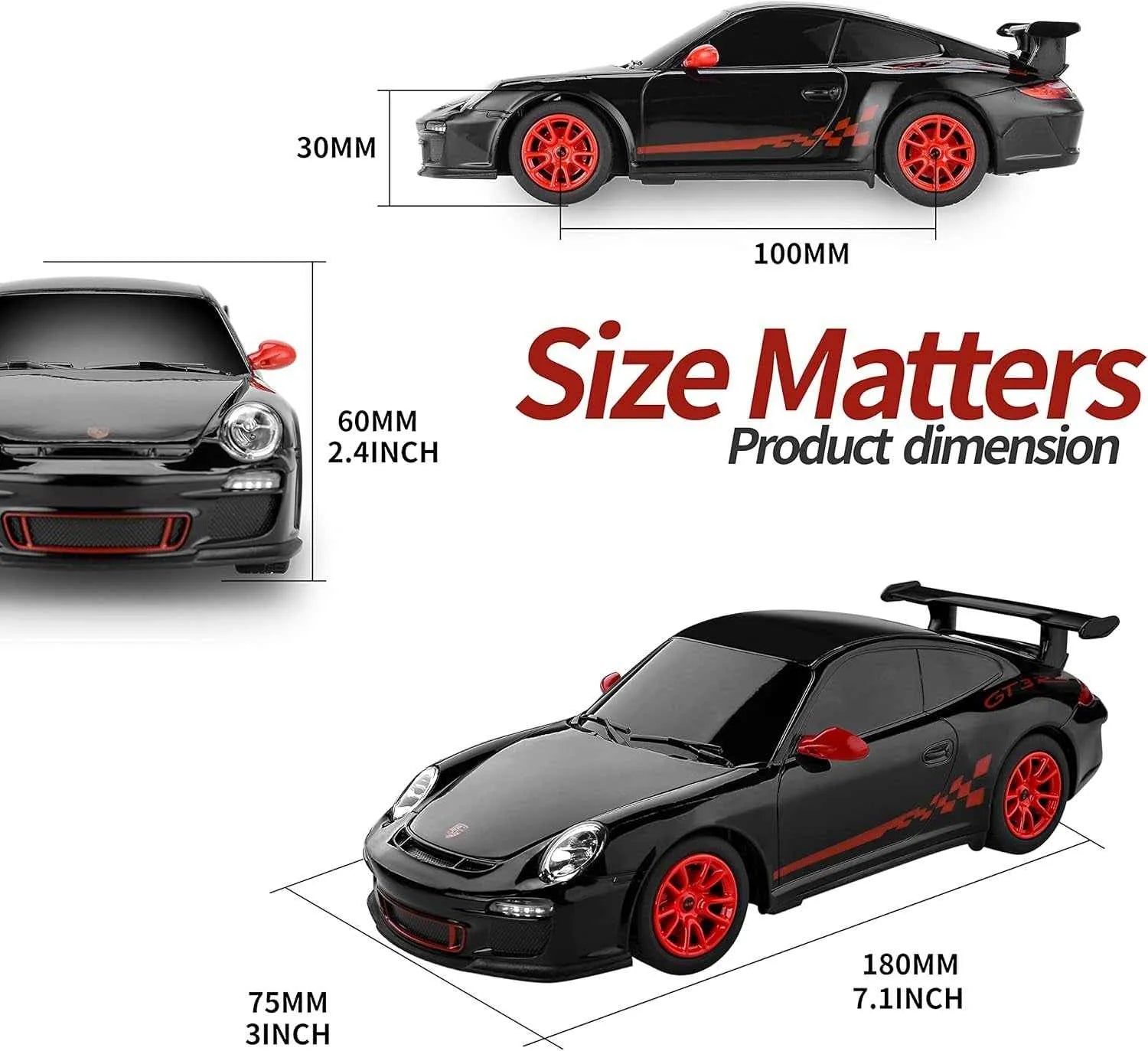 Black and red RC sports car with dimensions displayed on a white background