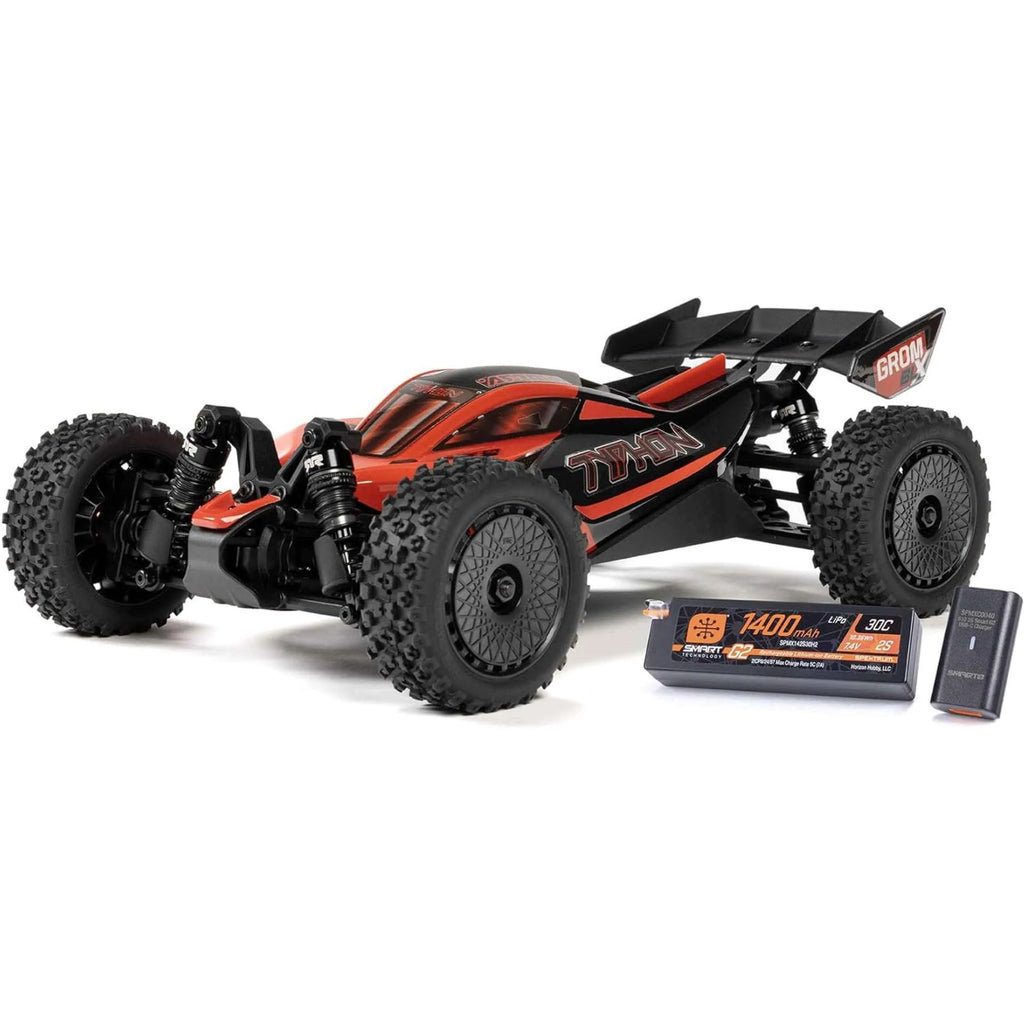 Black and red remote control buggy with a battery pack on a white background