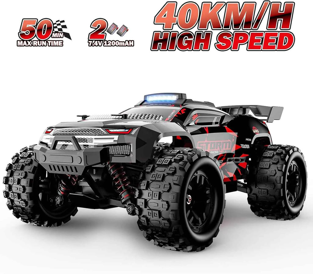 Black and red remote control truck with speed and runtime information on a white background