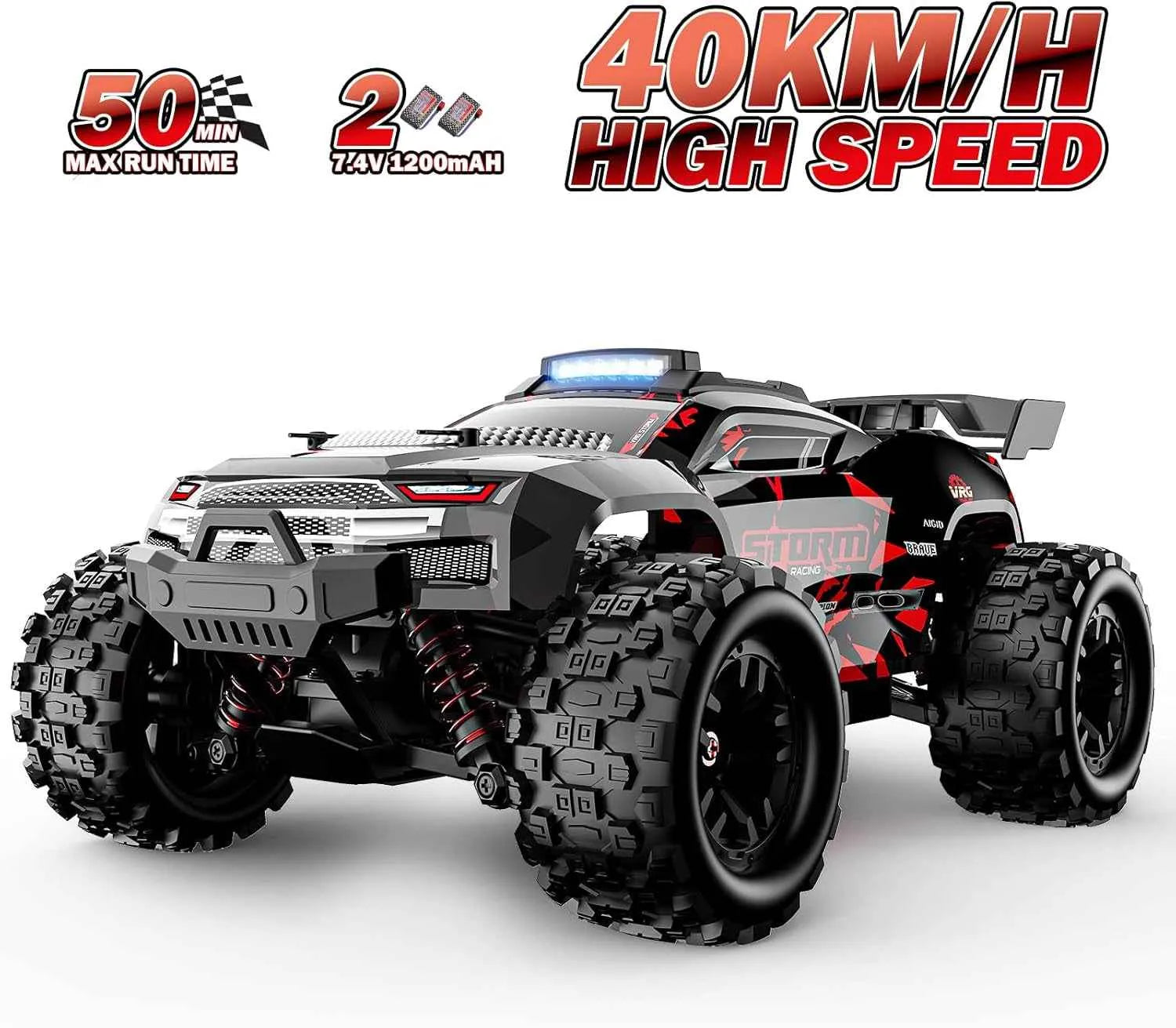 Black and red remote control truck with speed and runtime information on a white background
