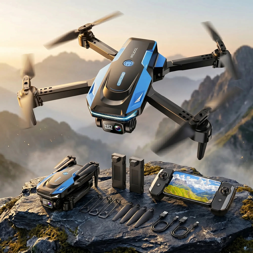 Black RC Drone with accessories on a mountainous landscape