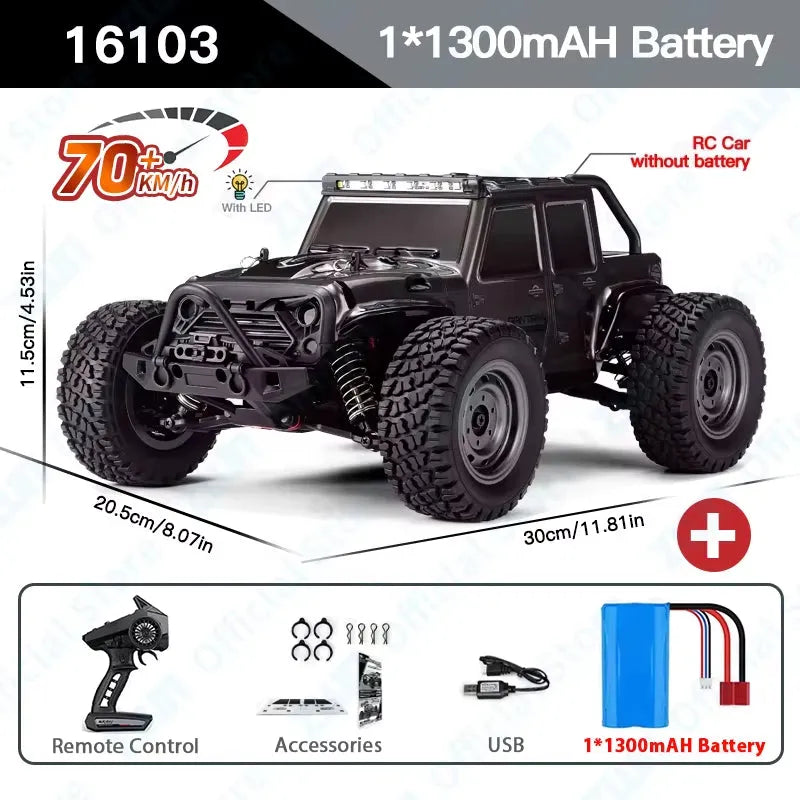 Black Rc monster truck with battery pack and accessories on a white background