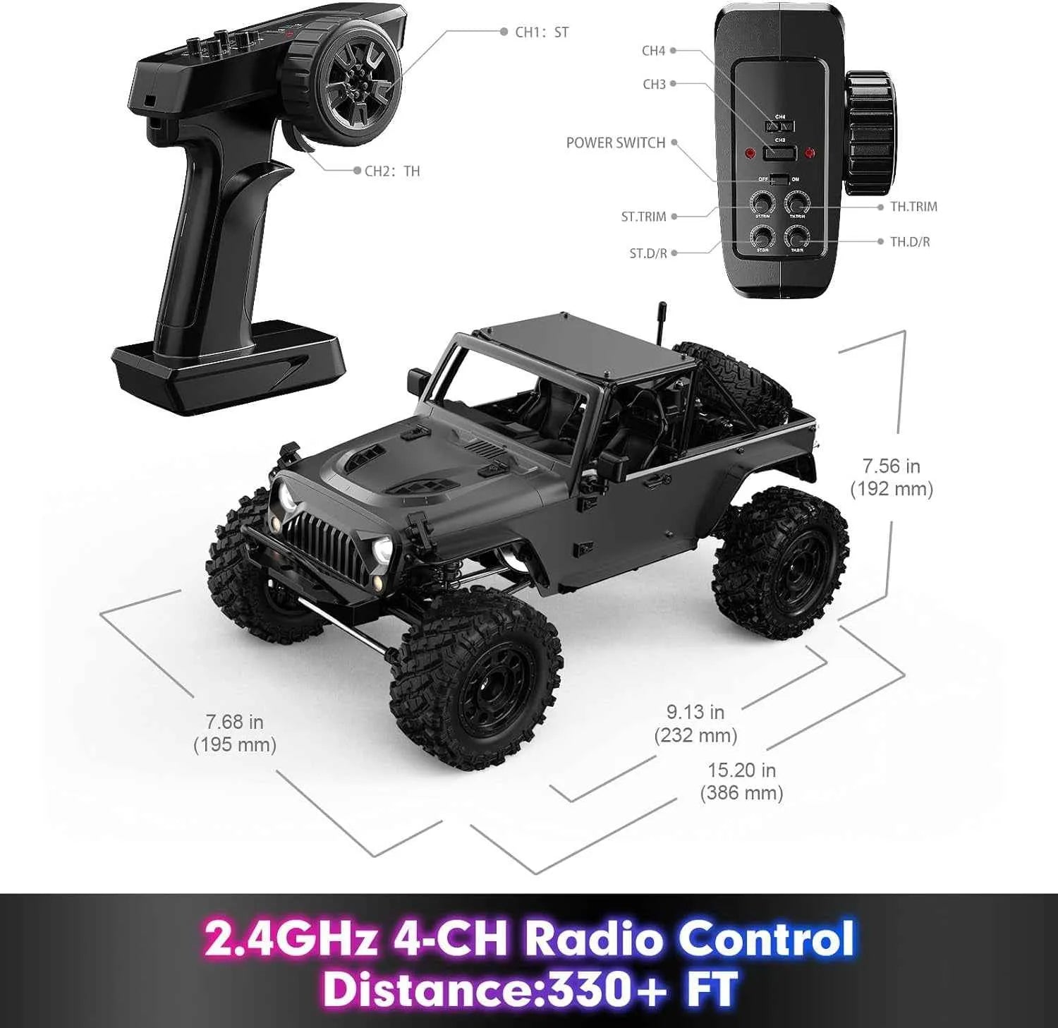 Black remote control crawler with transmitter and receiver on a white background