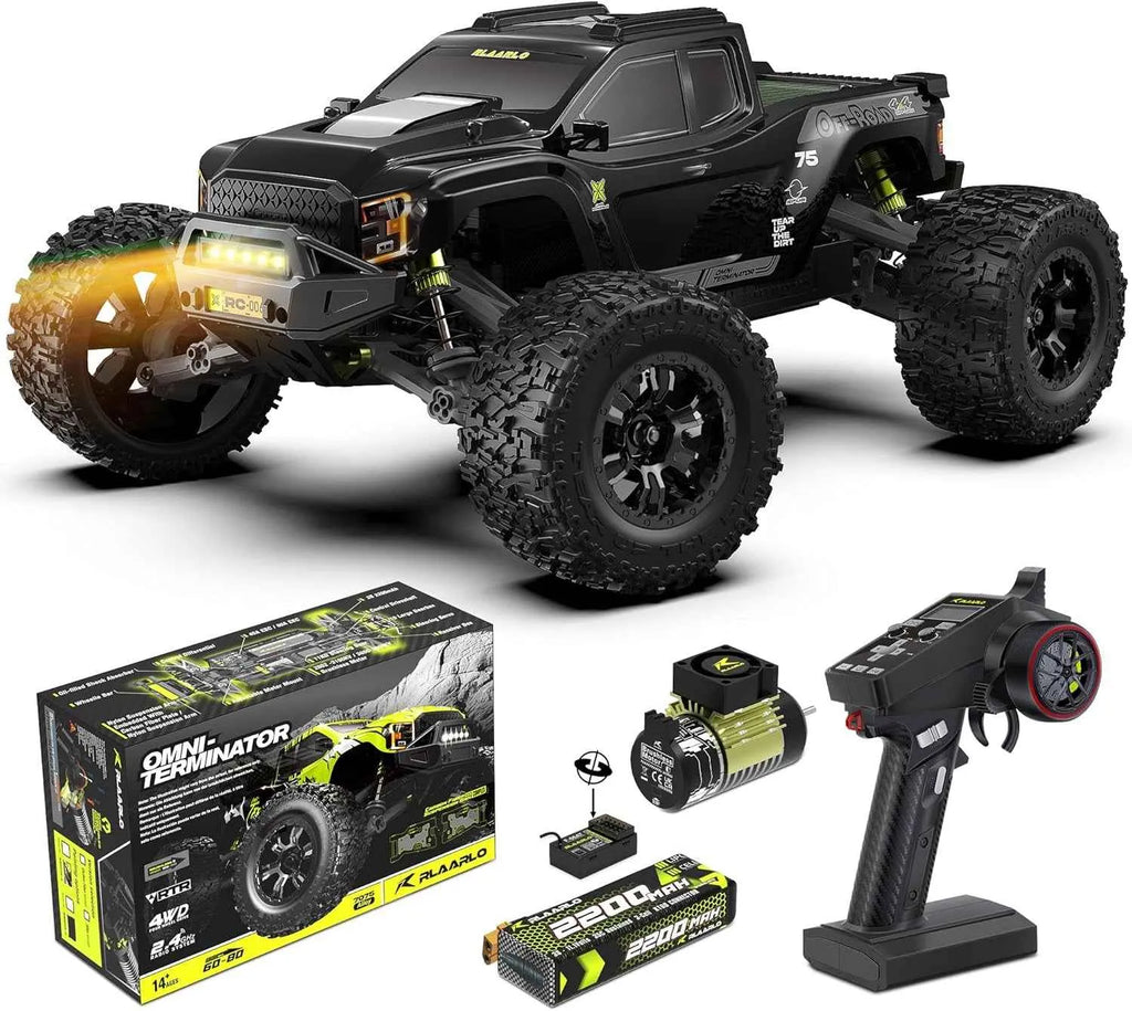 Black remote control monster truck with accessories on a white background