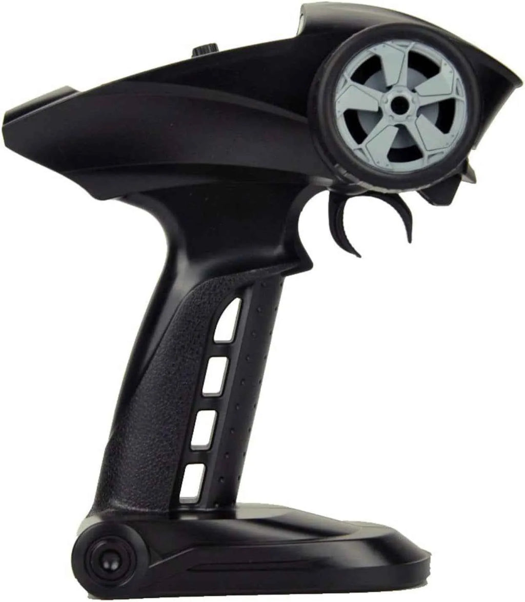 Black remote control with a wheel on a white background