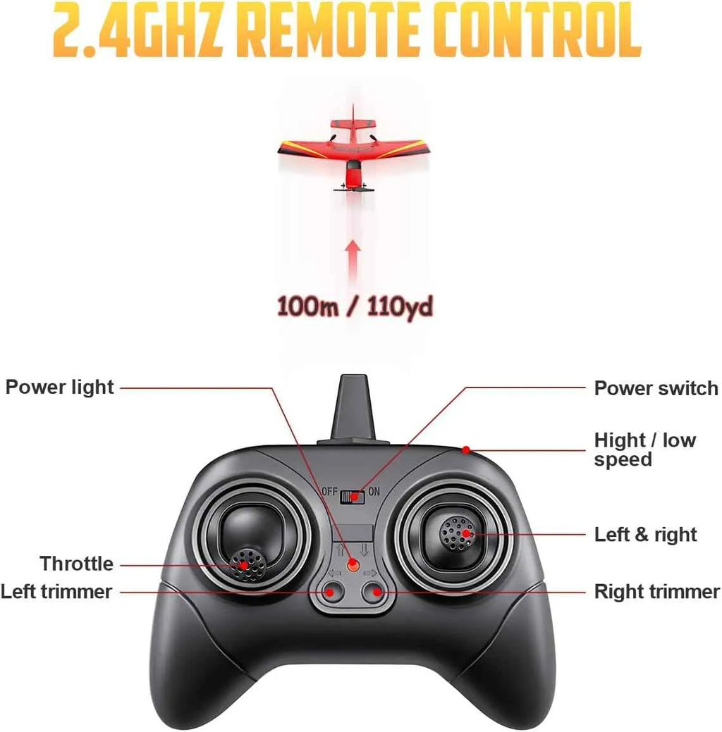 Black remote control with labeled buttons and a small red model airplane above it on a white background.