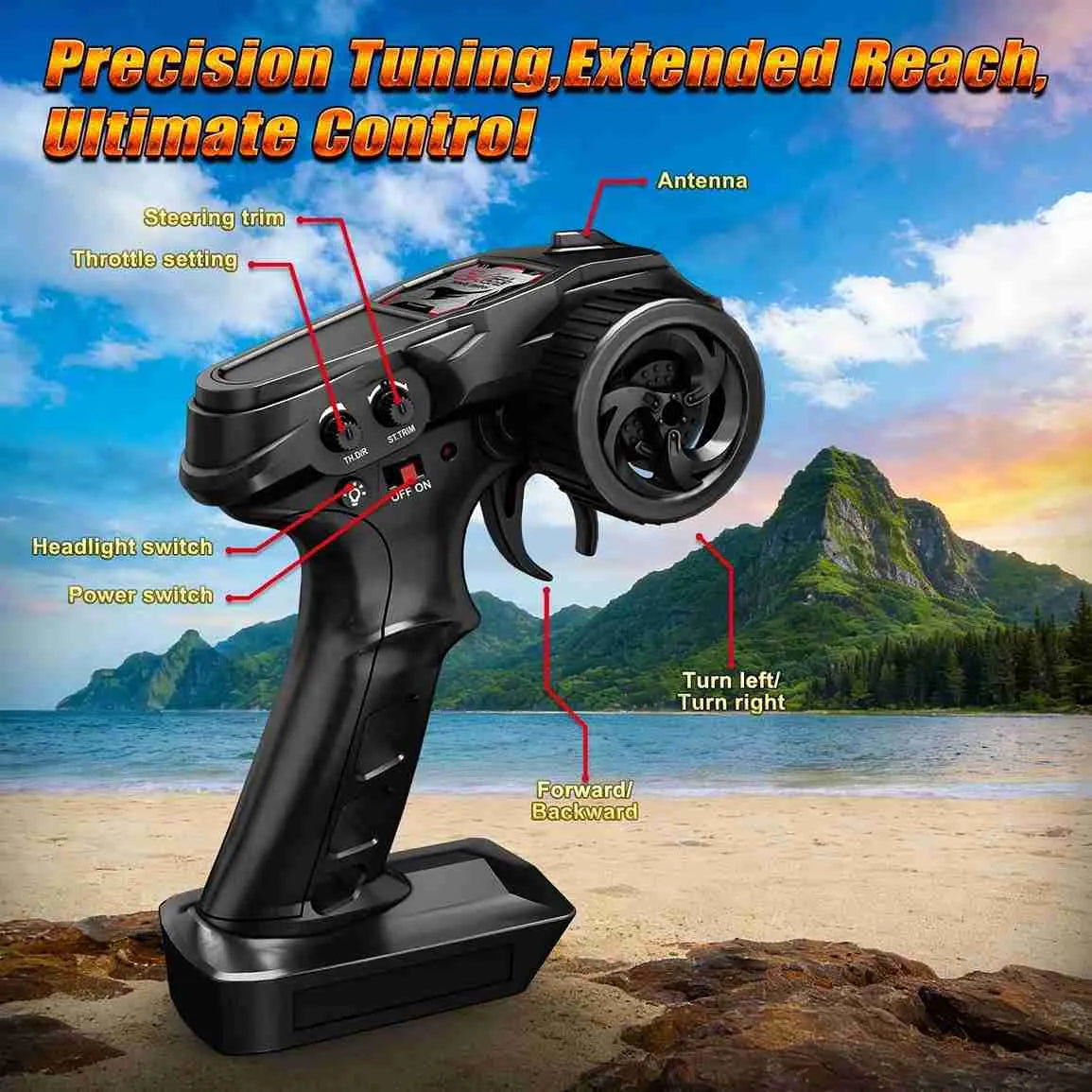 Black remote control with labeled parts against a scenic background of mountains and beach.