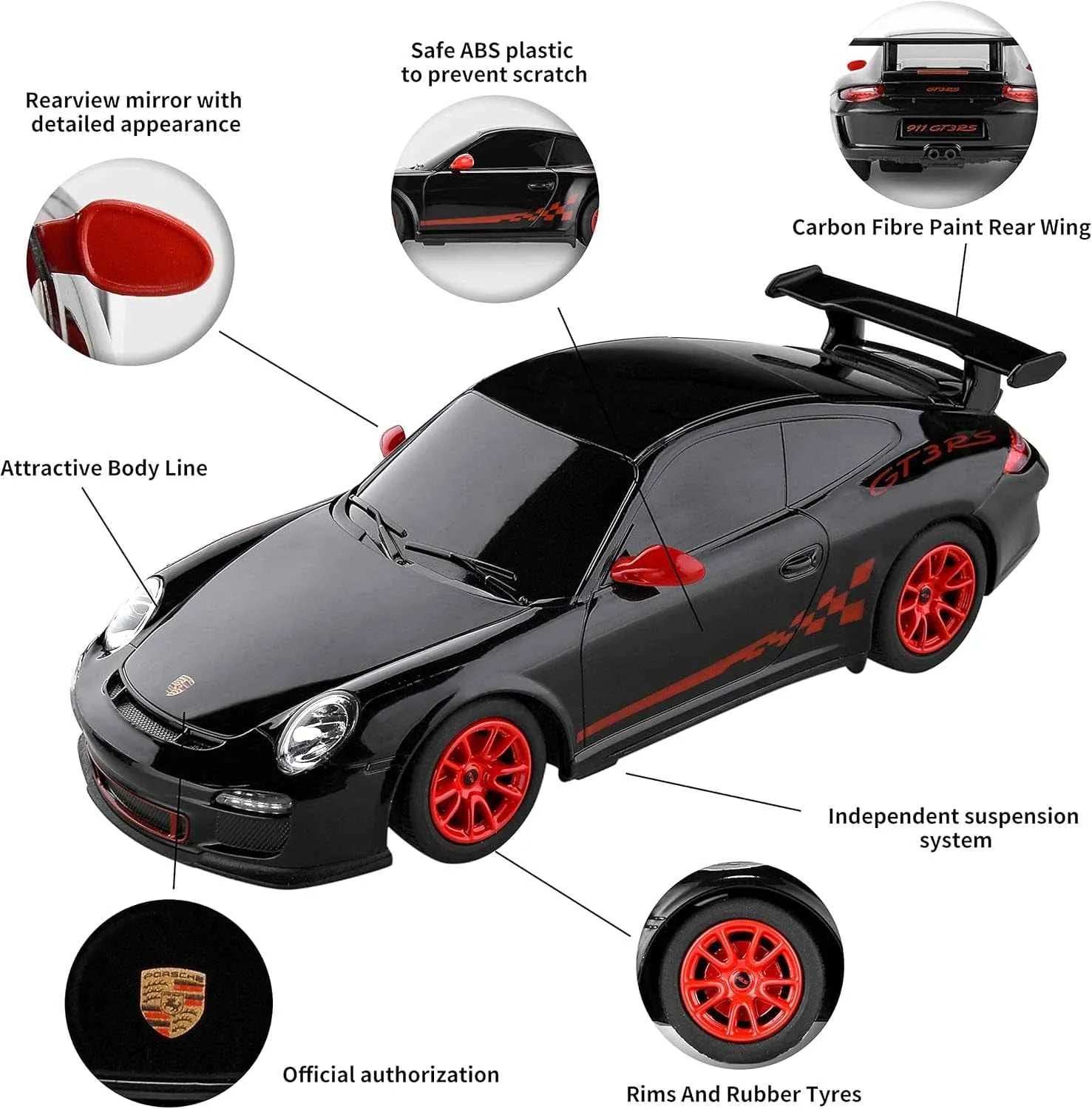 Black sports car with red accents and features highlighted, including a rearview mirror, carbon fiber paint, and Porsche logo.