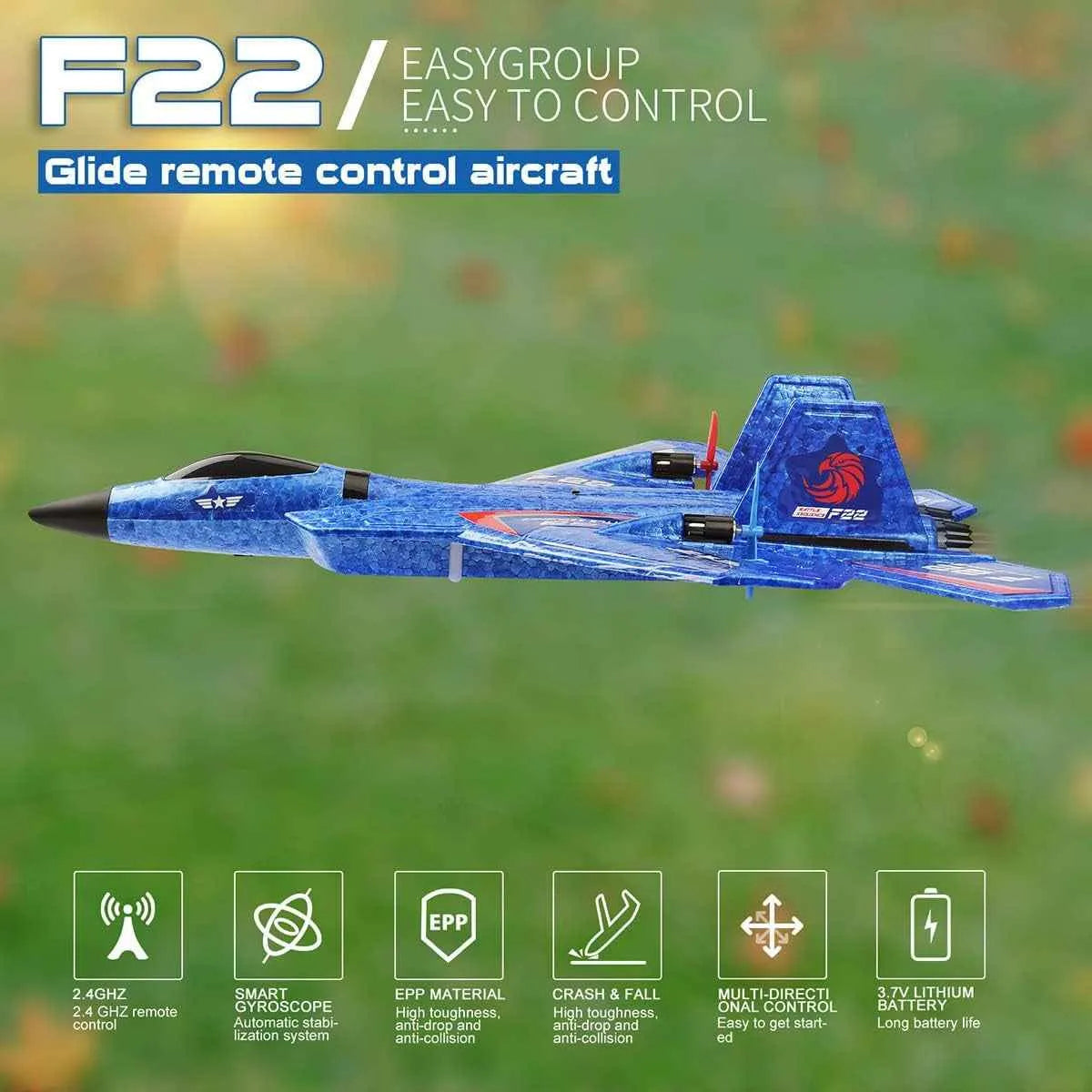 Blue F22 remote control aircraft on a grassy background with promotional text.