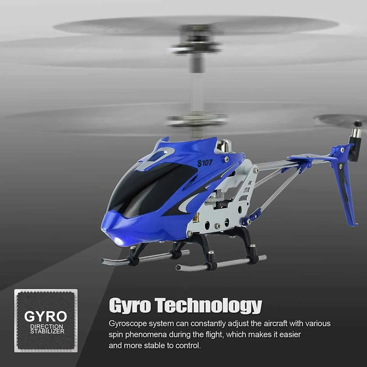 Blue and black RC toy helicopter with gyro technology on a gray background