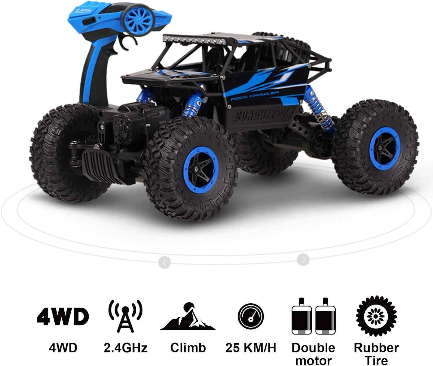 Blue and black remote control crawler on a white background with features listed below.