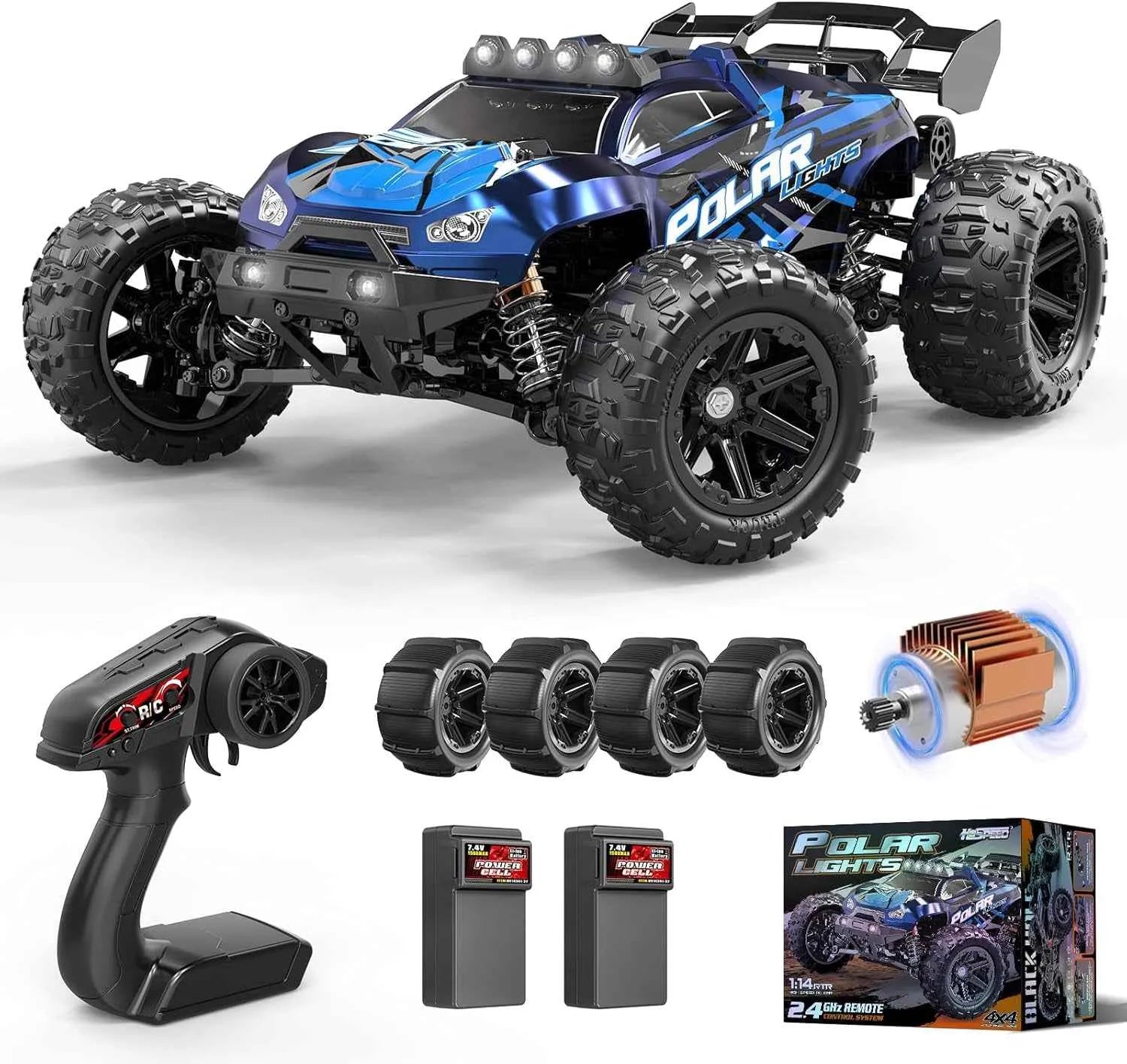 Blue and black remote control monster truck with accessories on a white background