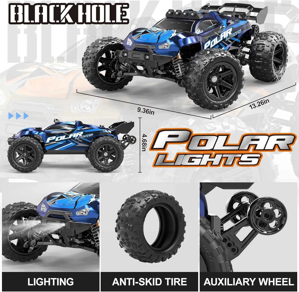 Blue and black remote control monster truck with features highlighted on a white background