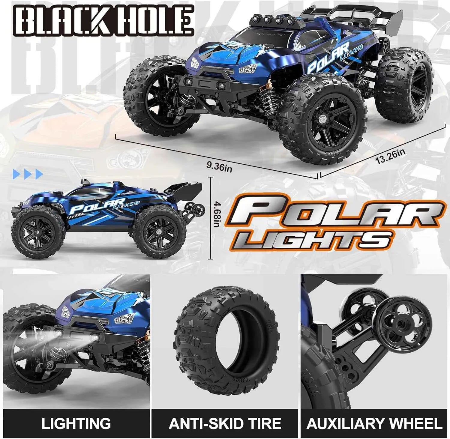 Blue and black remote control monster truck with features highlighted on a white background