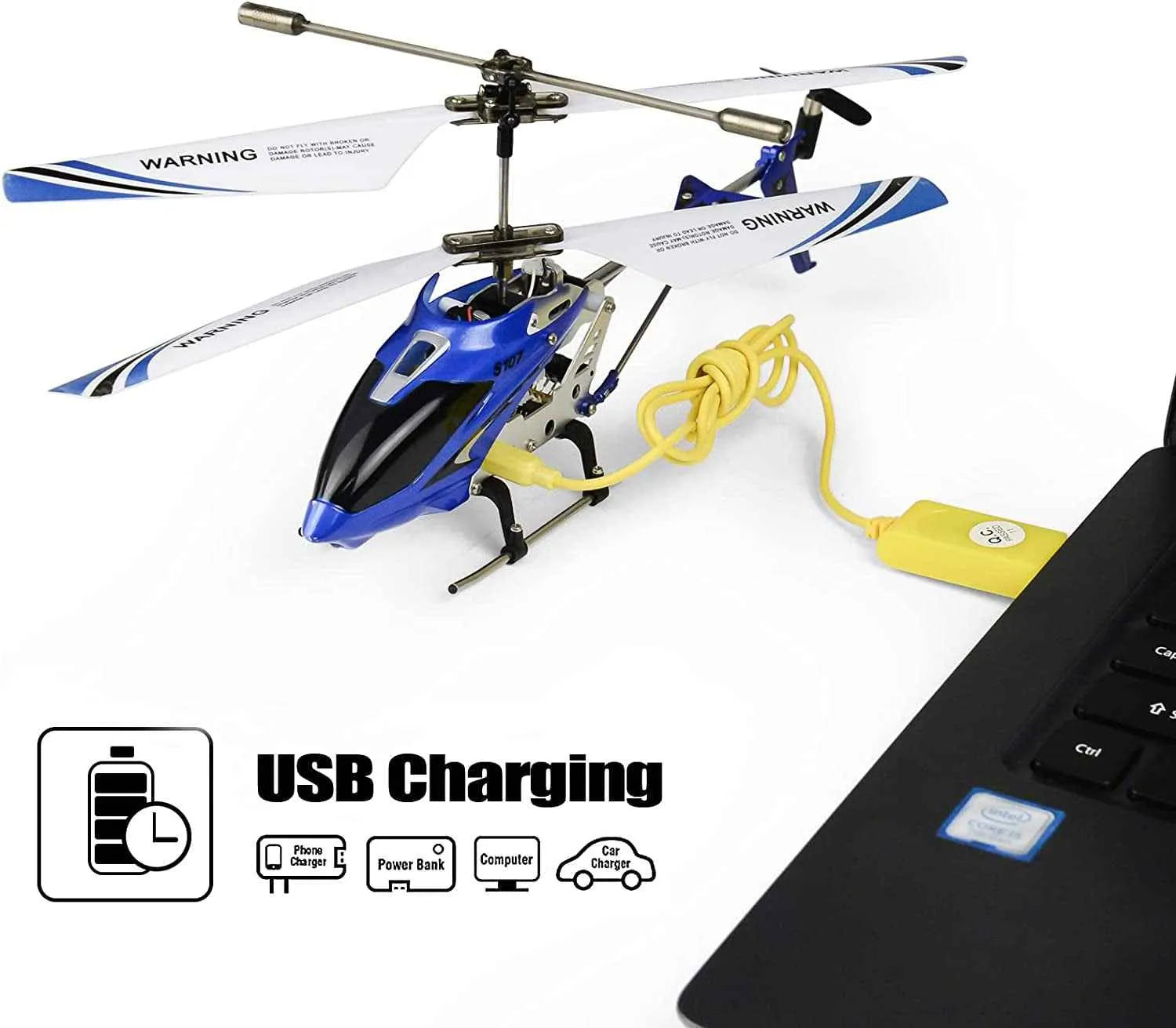 Blue and white RC toy helicopter with USB charging cable on a white background