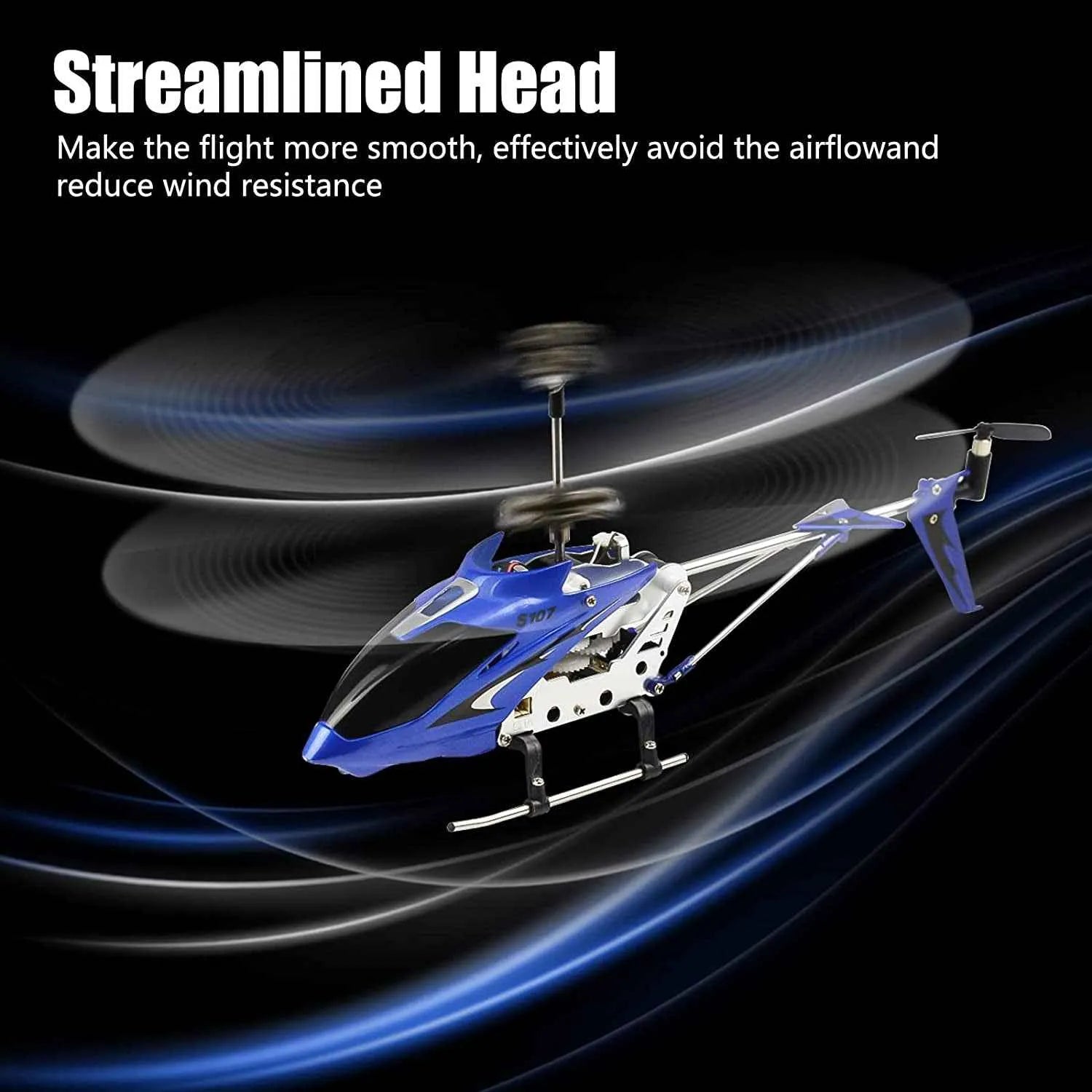 Blue and white remote control helicopter with text on a black background