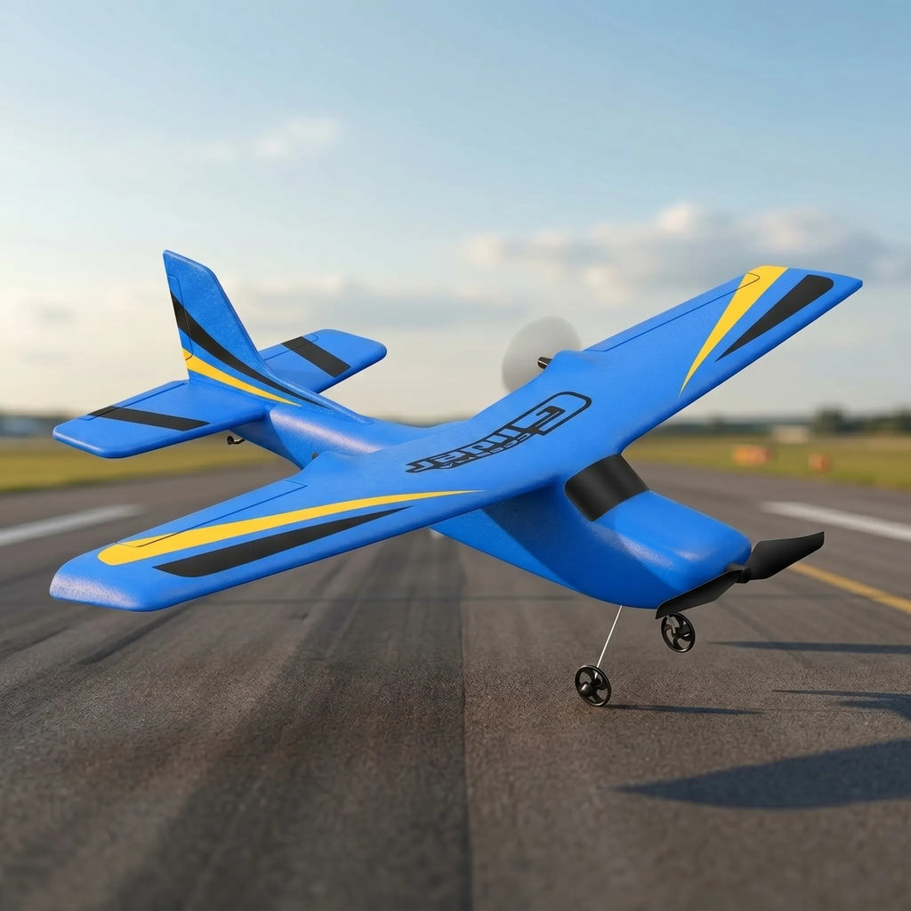 Blue and yellow RC airplane on a runway with a clear sky background