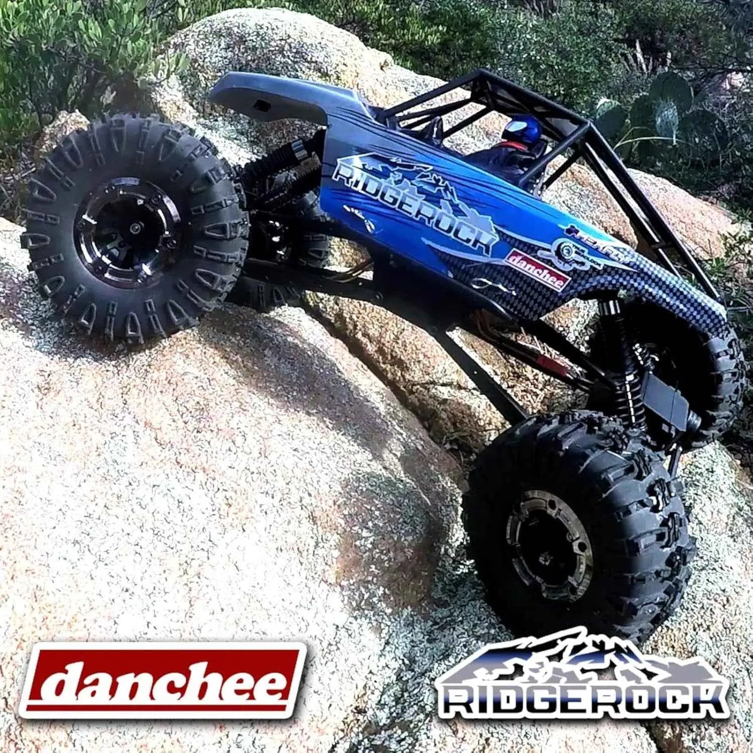 Blue off-road crawler climbing a rock with 'danchee' and 'Ridgerock' branding.