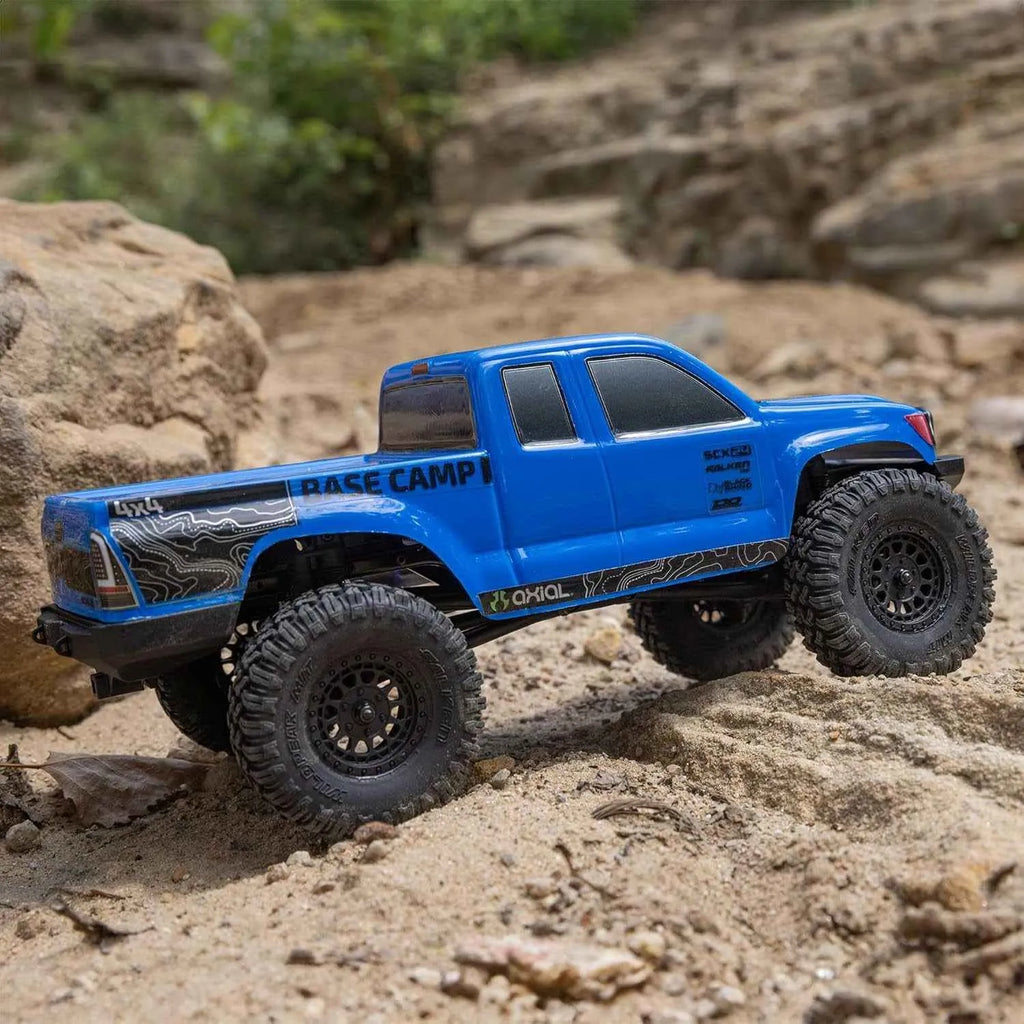 Blue off-road rc crawler on a rocky terrain