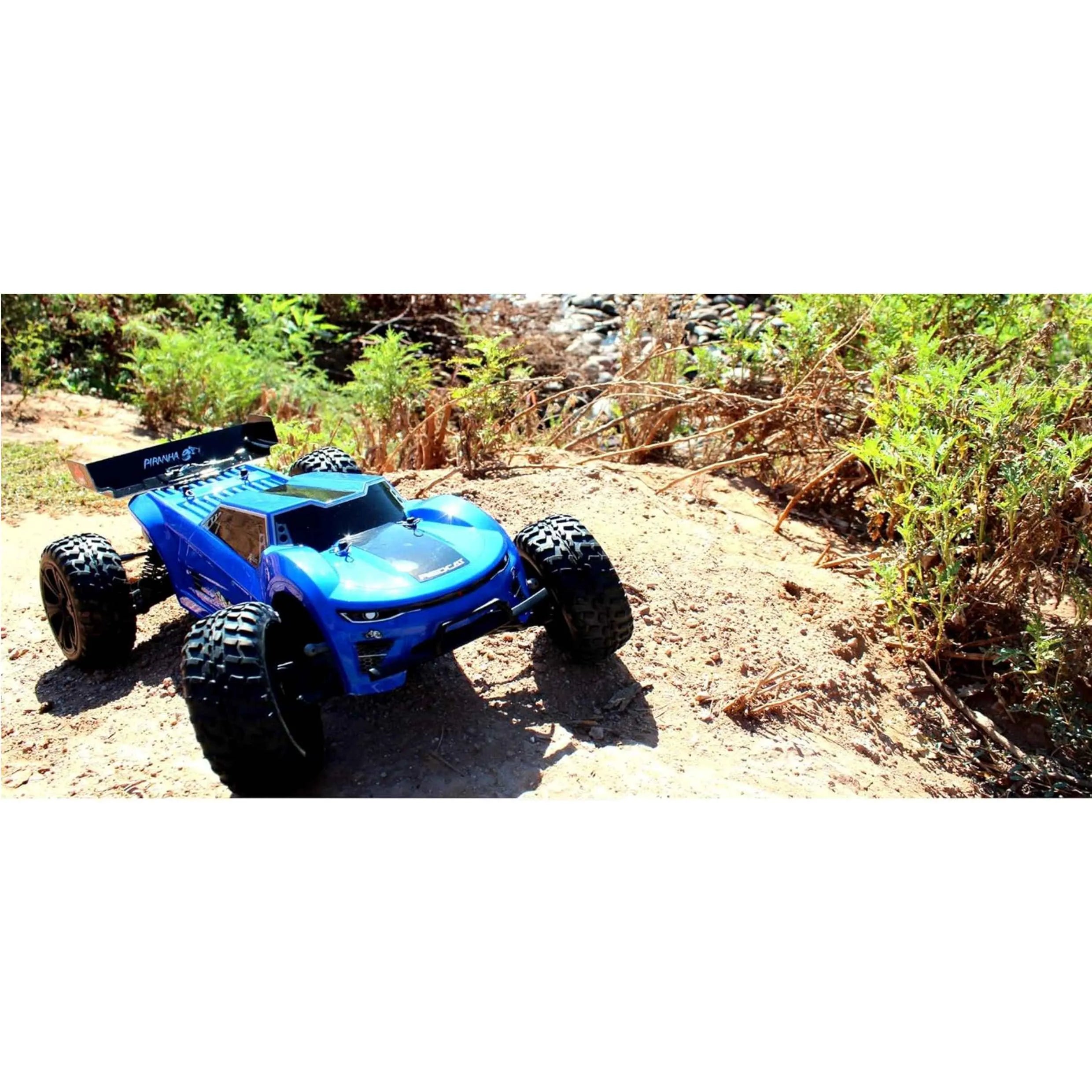 Blue off-road RC truggy on a dirt path with greenery in the background