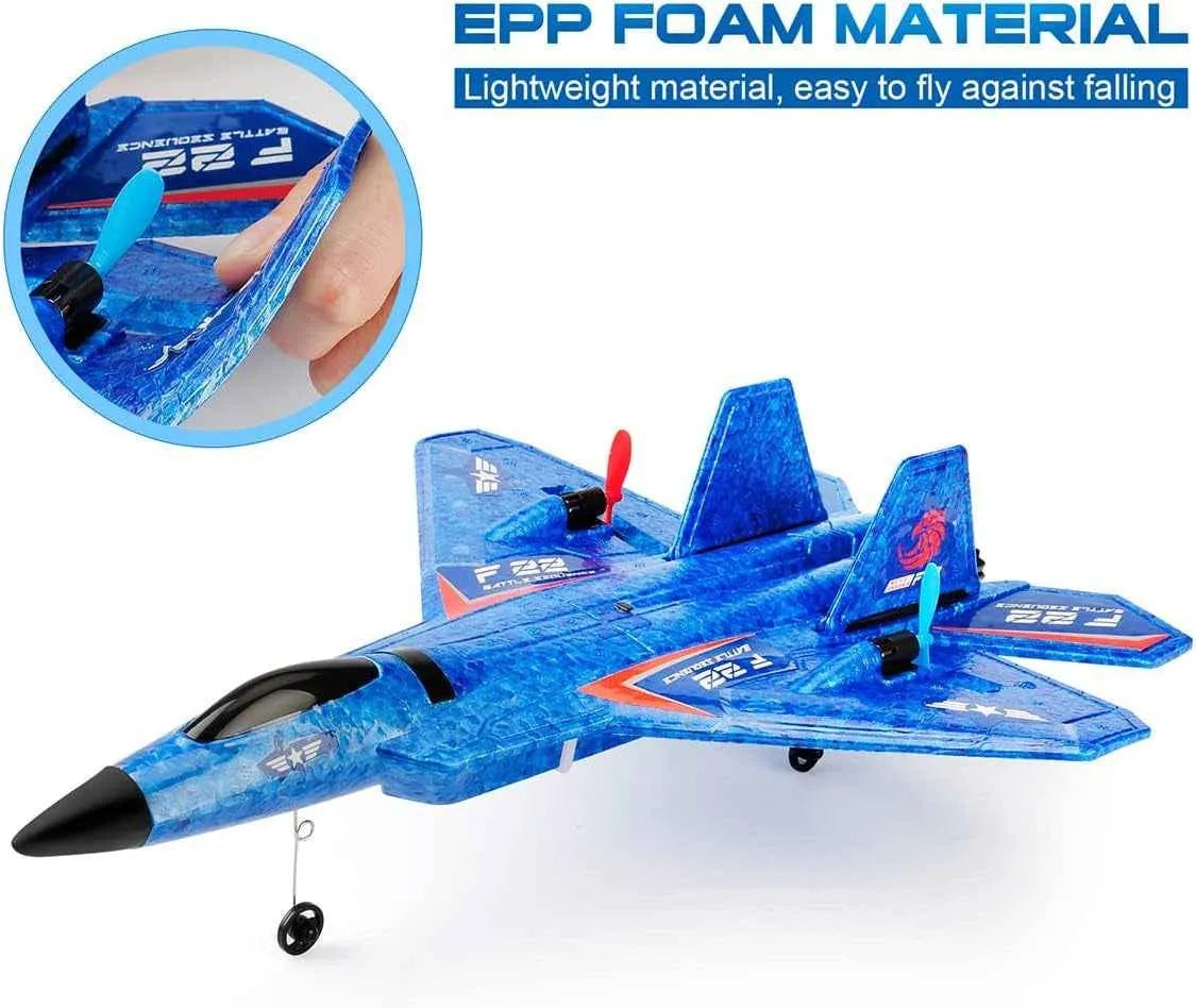 Blue RC airplane with EPP foam material feature highlighted on a white background