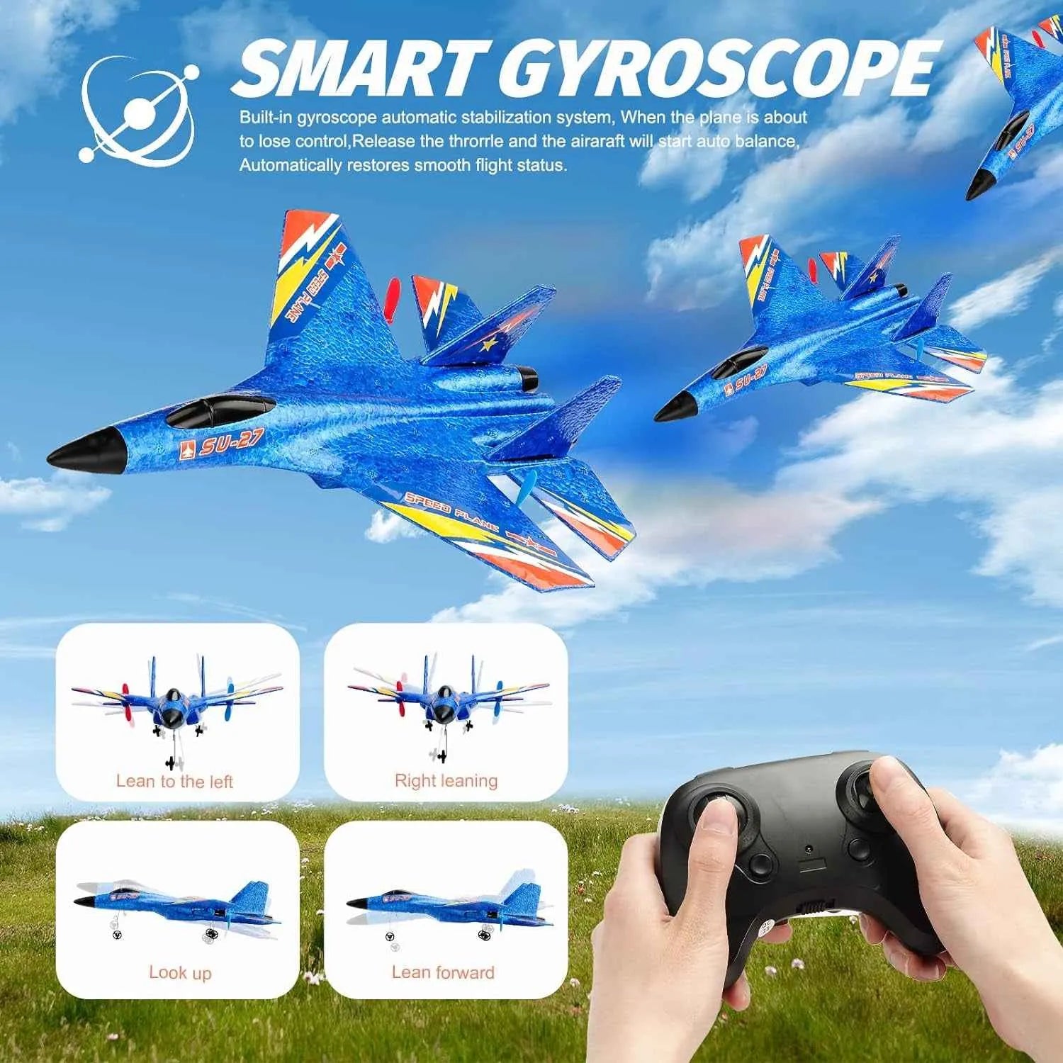 Blue RC airplane with remote control and smart gyroscope features against a blue sky.