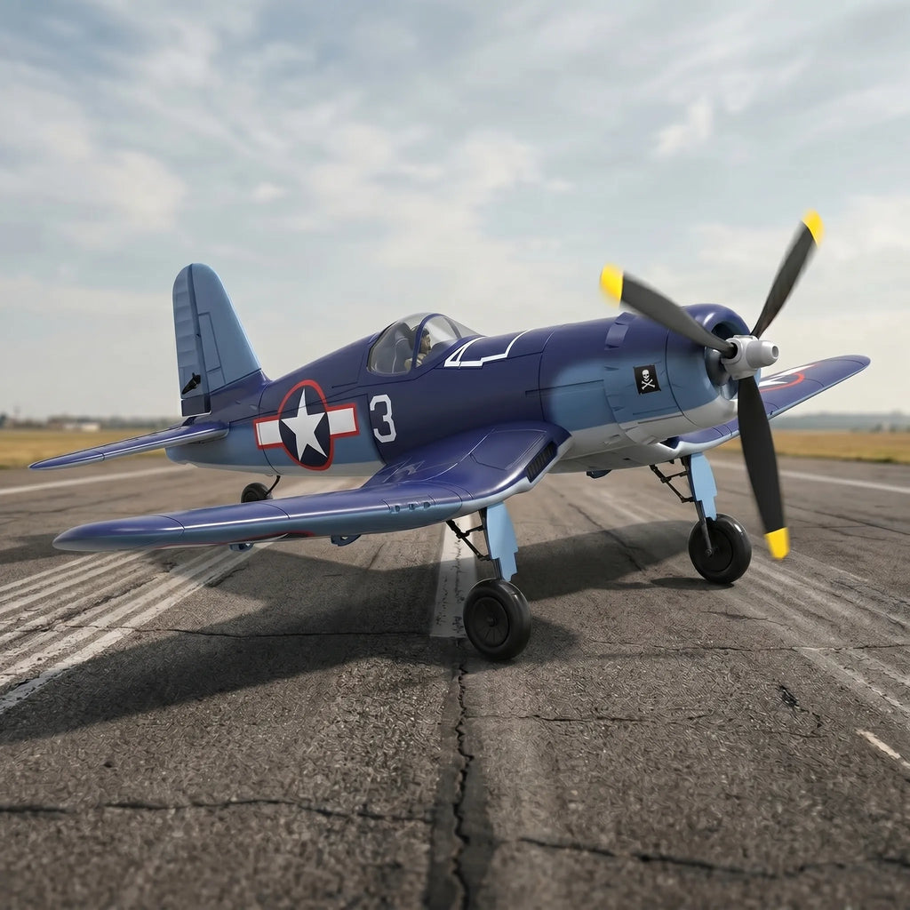 Blue RC corsair plane on runaway. 