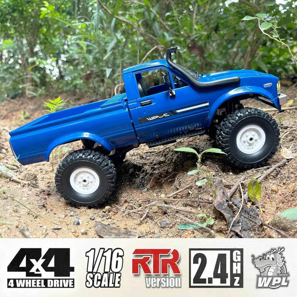 Blue RC crawler on a natural terrain with WPL branding