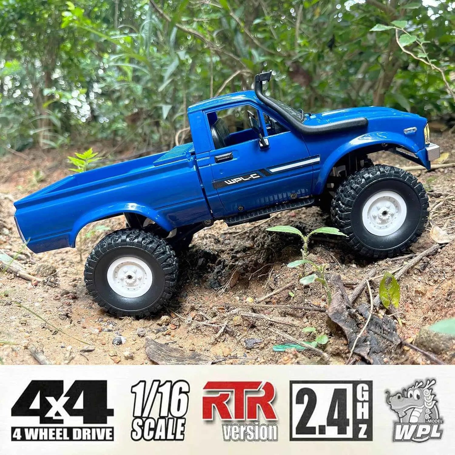 Blue RC crawler on a natural terrain with WPL branding