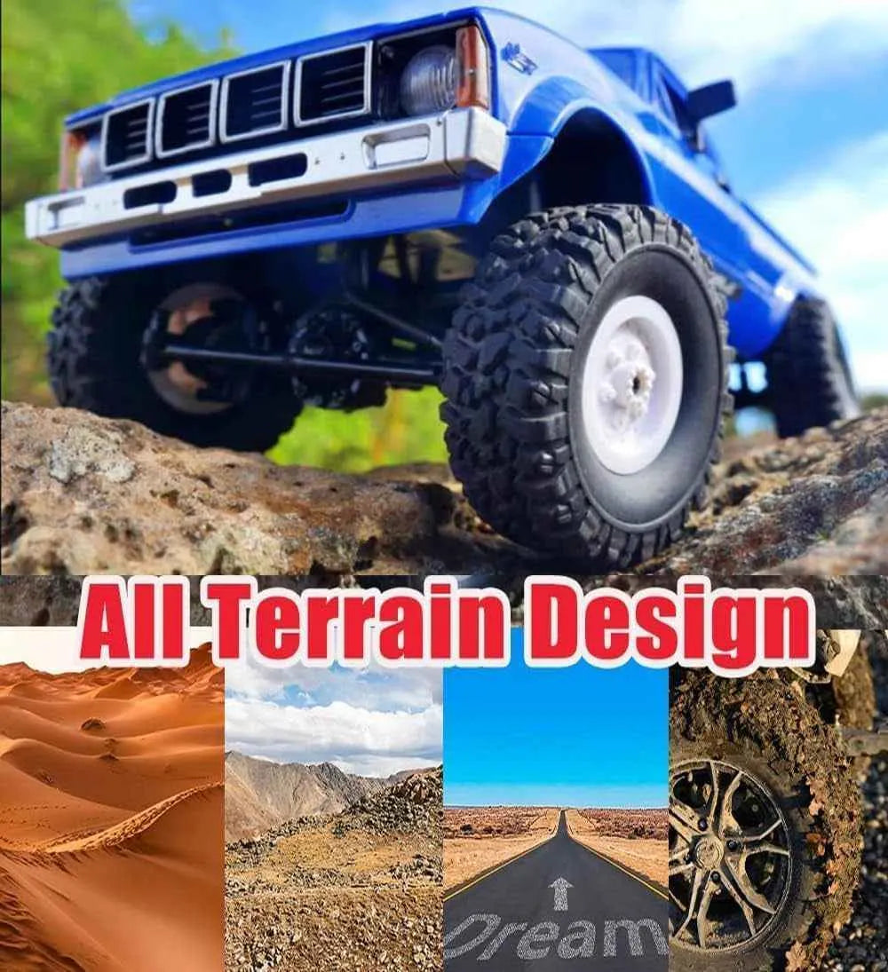 Blue RC crawler on rocky terrain with 'All Terrain Design' text and desert, mountain, and road images.
