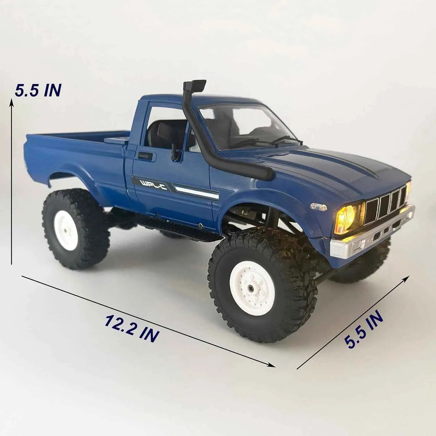Blue RC crawler with measurements on a white background