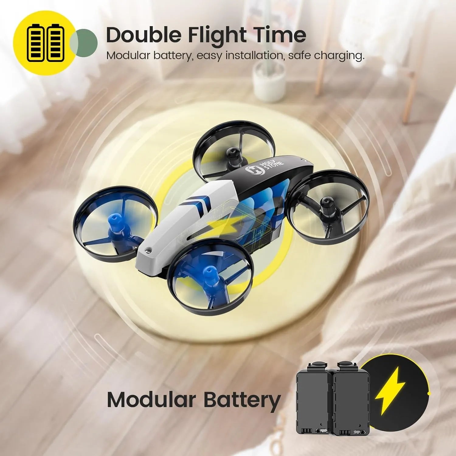 Blue RC Drone with a modular battery on a wooden floor
