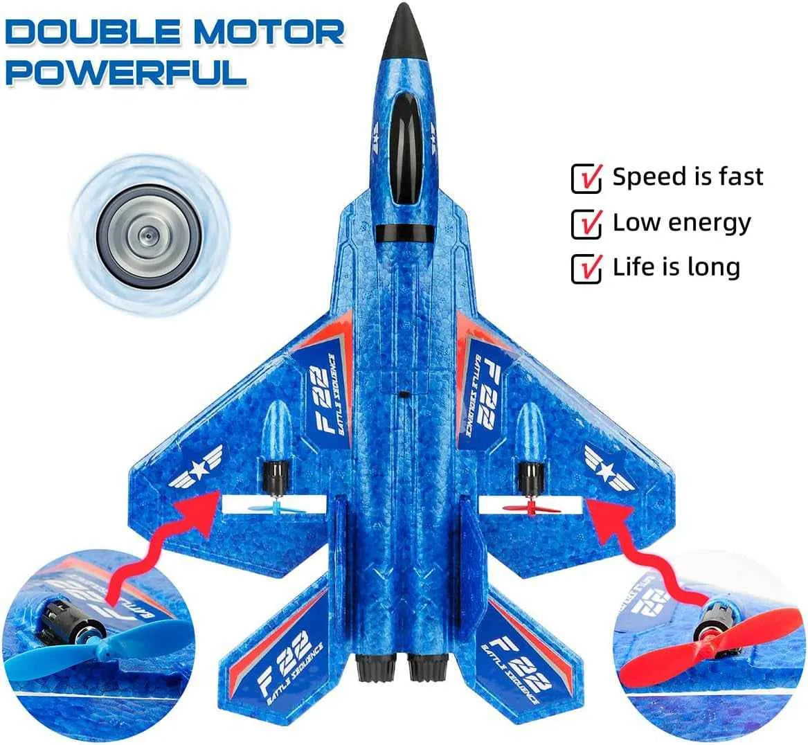 Blue RC jet with double motor system on a white background
