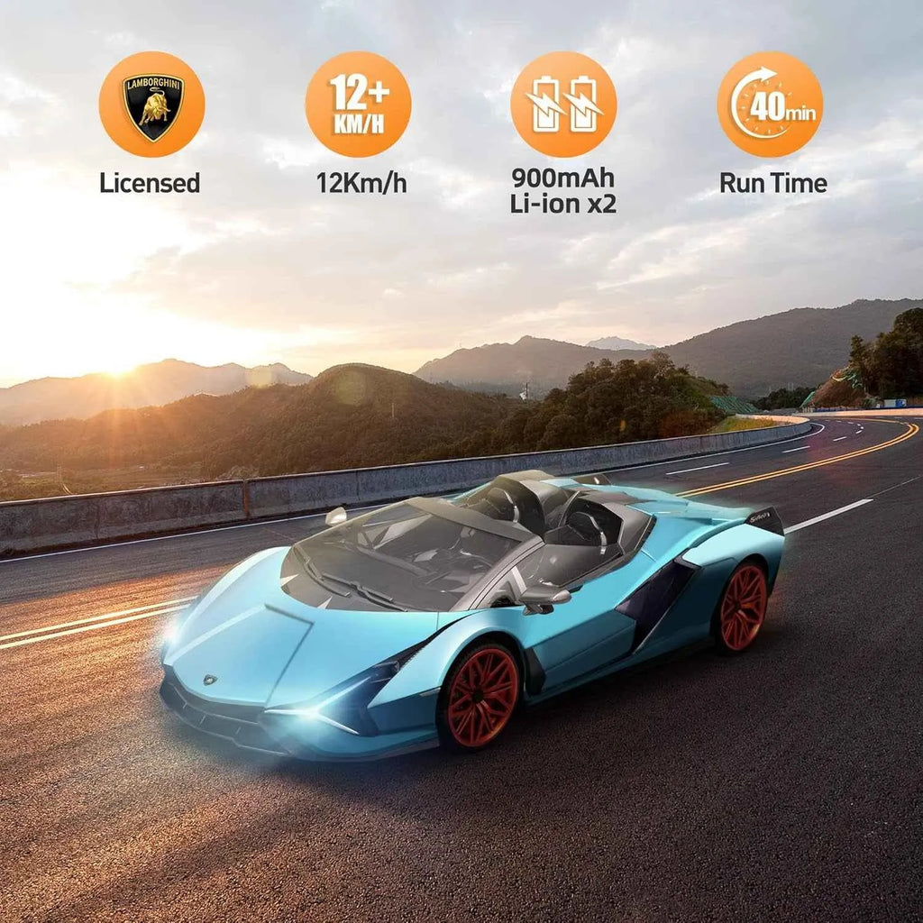 Blue RC sports car on a road with mountainous background, featuring Lamborghini logo and technical specifications.