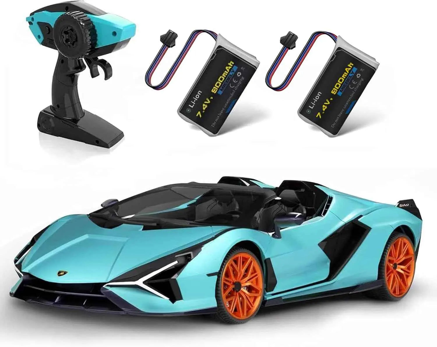 Blue RC sports car with remote control and batteries on a white background