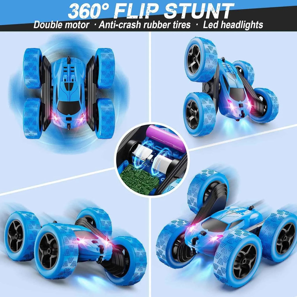 Blue RC stunt car doing 360 flip in a collage on white background