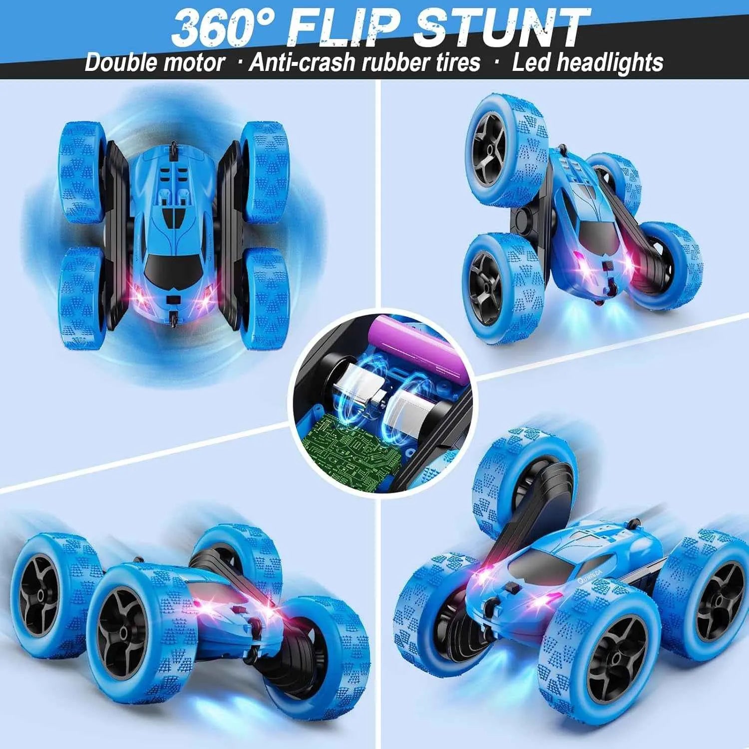 Blue RC stunt car doing 360 flip in a collage on white background