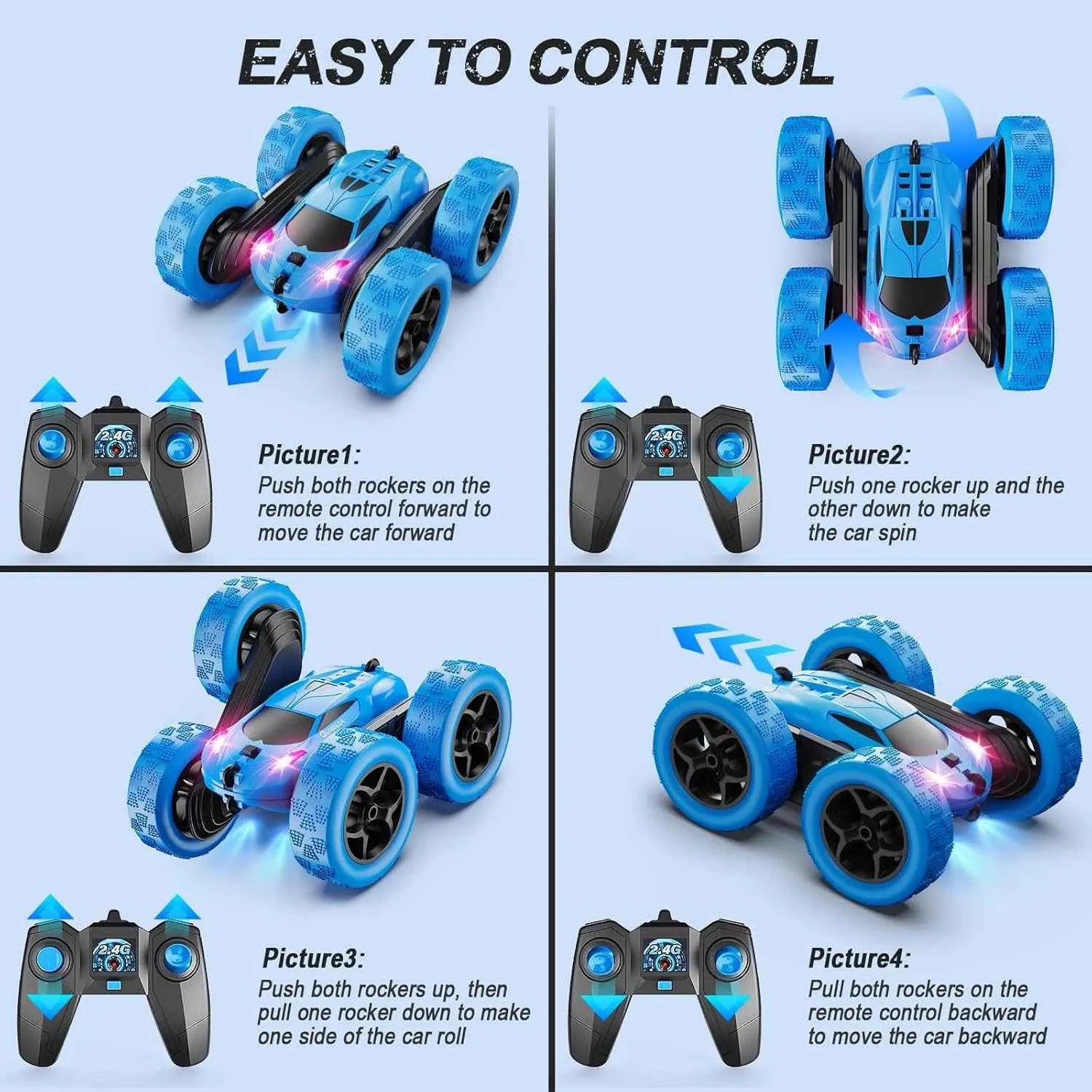 Blue RC stunt car with easy to control feature through remote control.