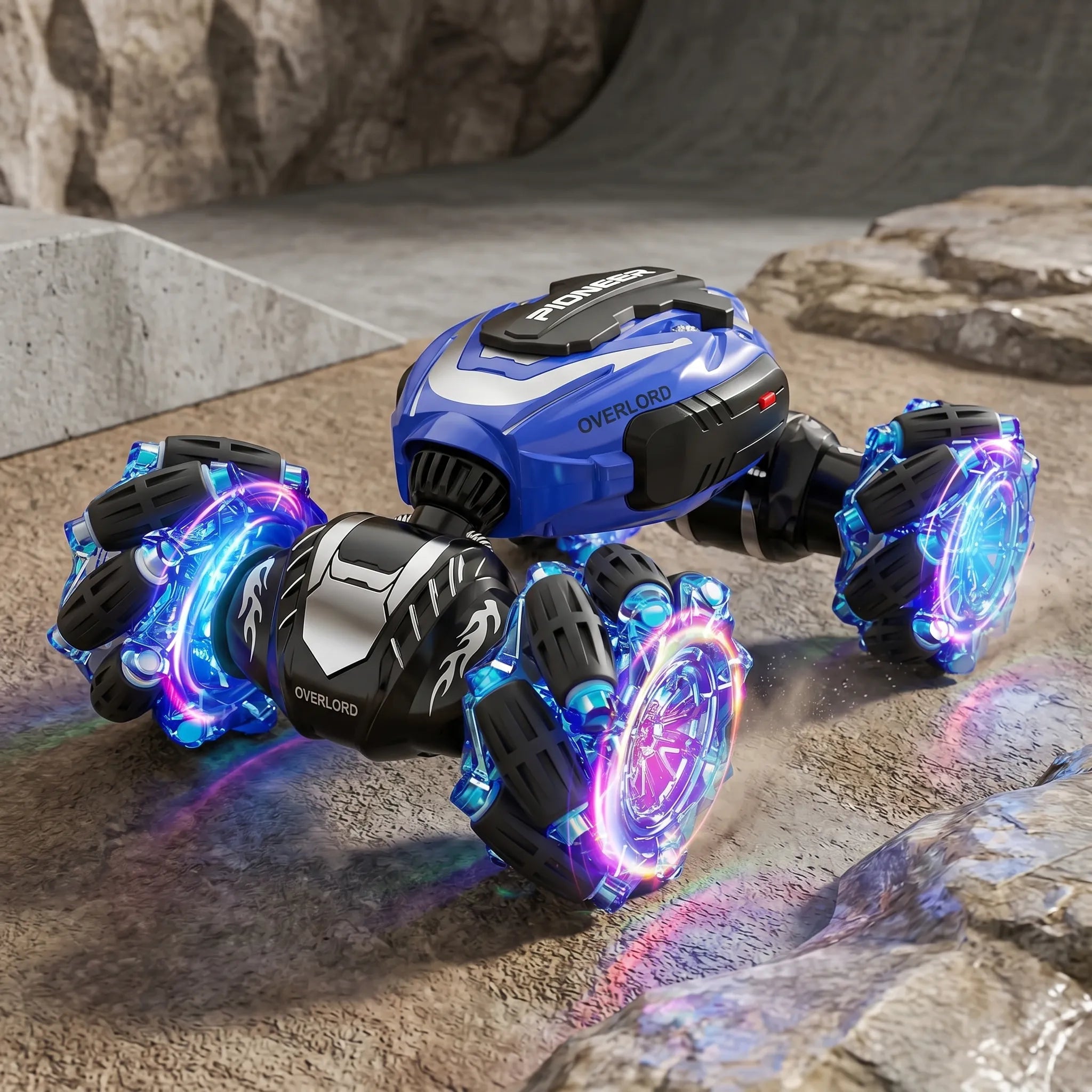 Blue RC stunt car with glowing tyres on an playing terrain.